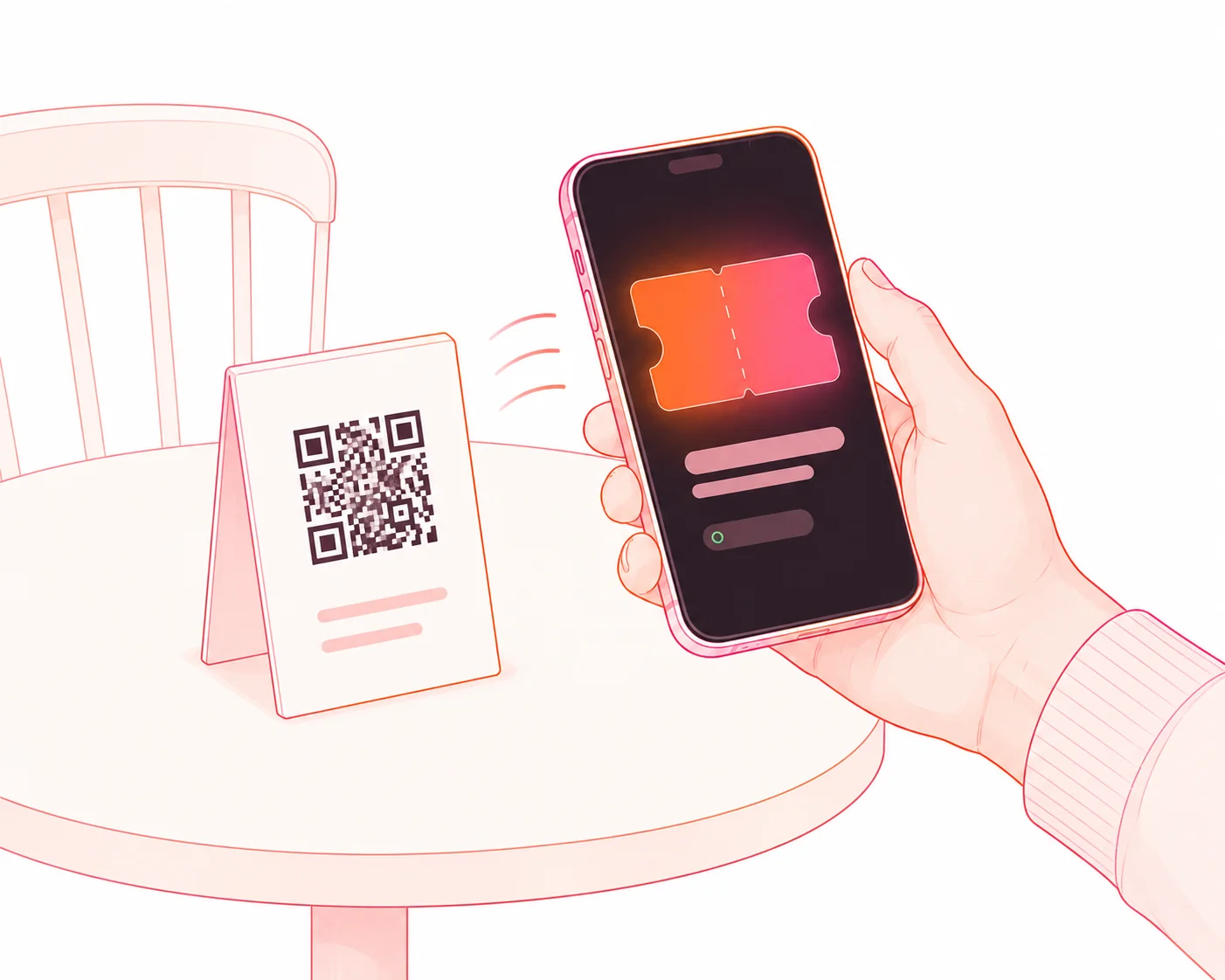 A phone scanning the QR on a table card, with the reward landing on screen.